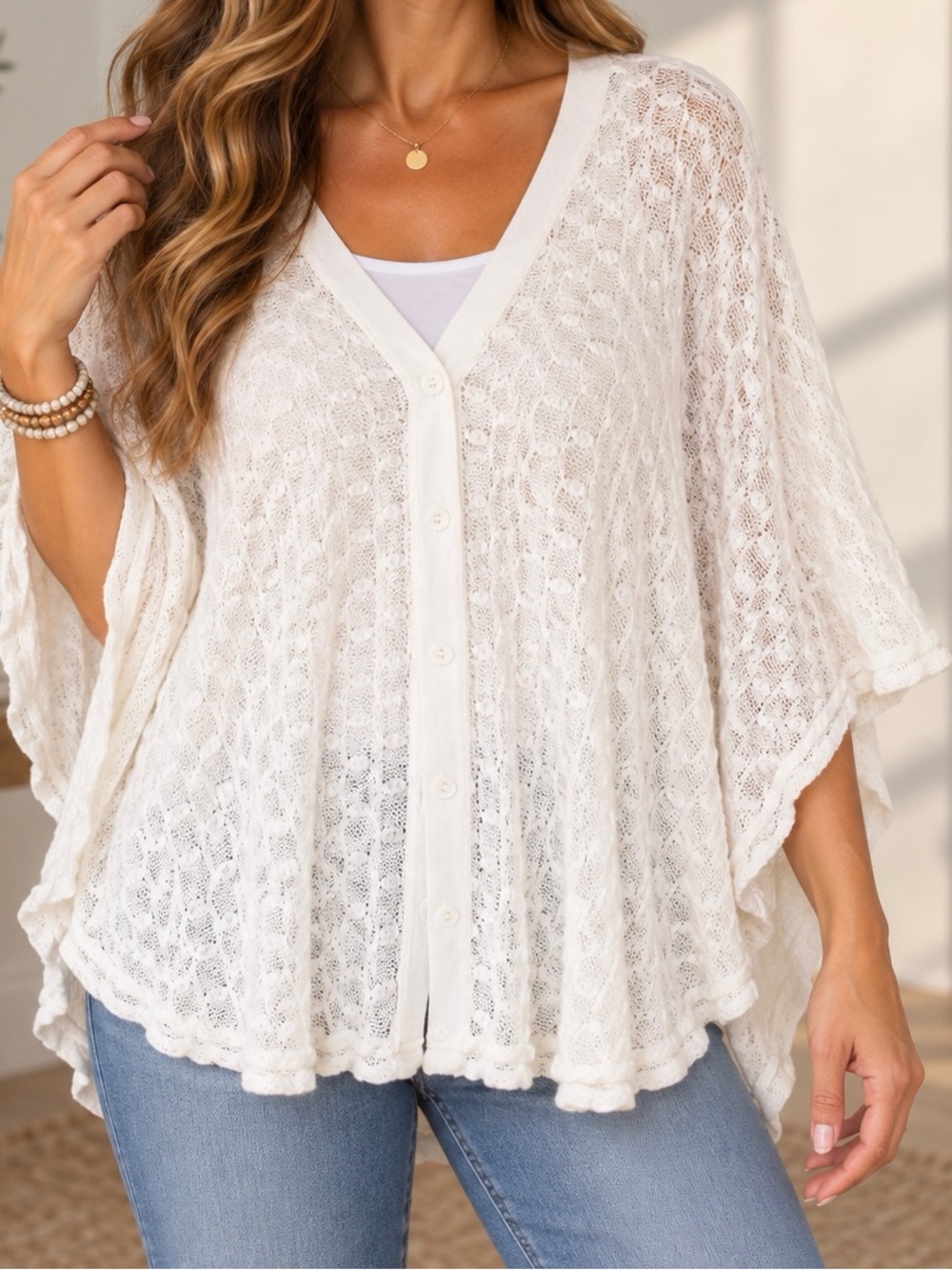 NWT Large Lightweight New Directions White Open-Knit Button-Front Shawl/Cardigan